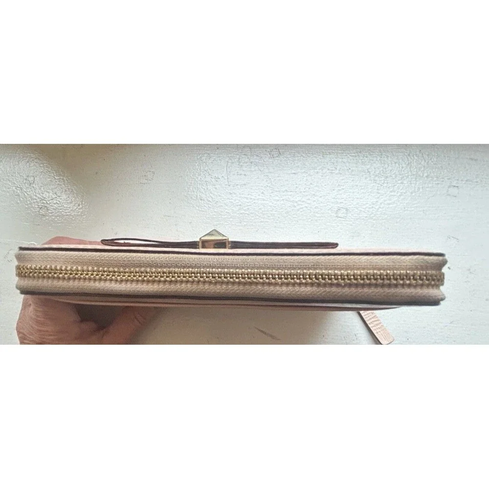 Kate Spade Bow Zip Around Wallet Blush Pink Hatched Leather Clutch Gold Tone